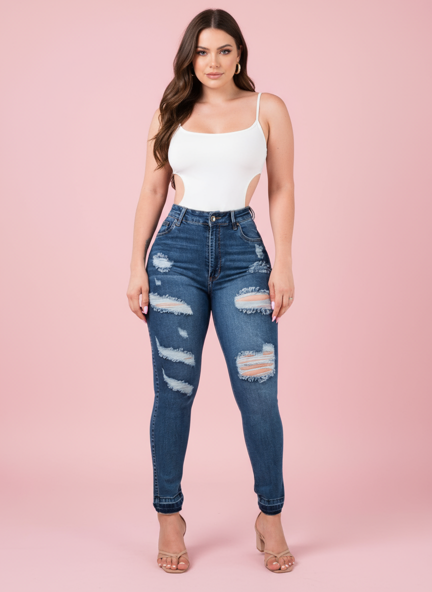 Bota Skinny Destroyed Jean 13680-03 - Clean with #f6c8cf Pink Background