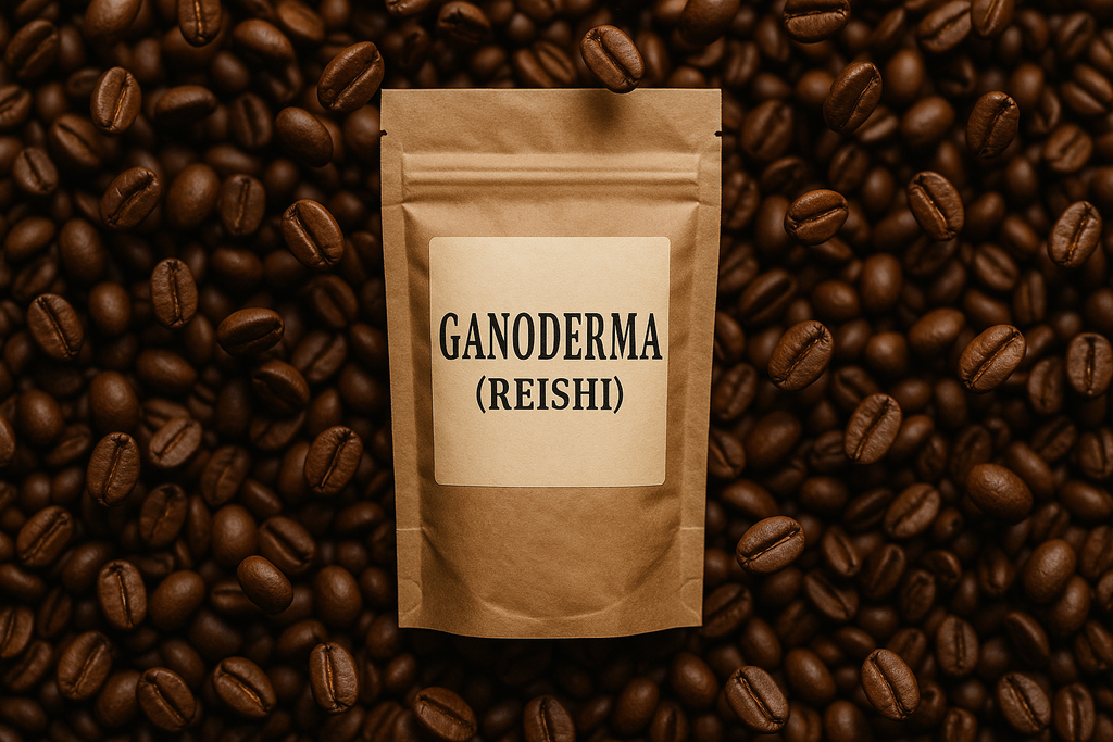 Ganoderma (REISHI) coffee with beans spread throughout