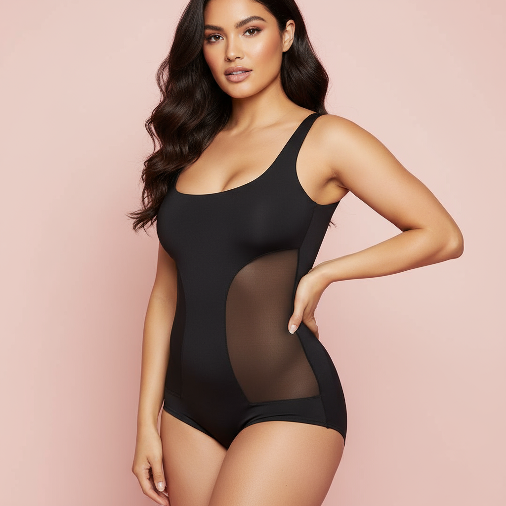 Microfiber mesh shaping bodysuit with soft pink studio background